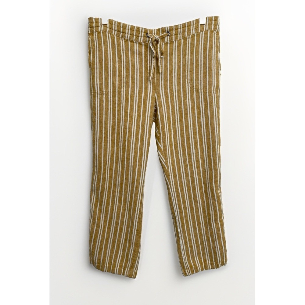 Per Se Women's L Mustard Yellow White Striped Linen Blend Crop Boho Pants